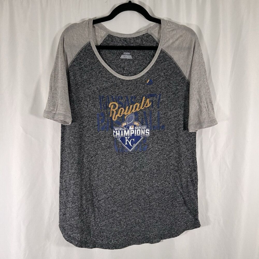 Kansas City Royals World Series 2015 Champs Shirt Women's XL Grey Blue Short Sle